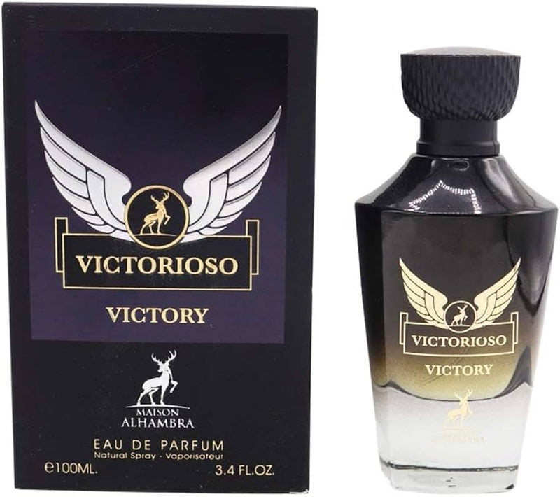 Frasco do perfume Victorioso Nero Maison Al Hambra EDP 100ml Masculino, família amadeirado e âmbar.