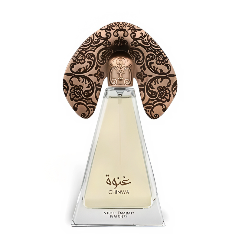 Frasco do perfume Ghinwa Lattafa Eau De Parfum 100ml Feminino, família floral e doce/gourmand.