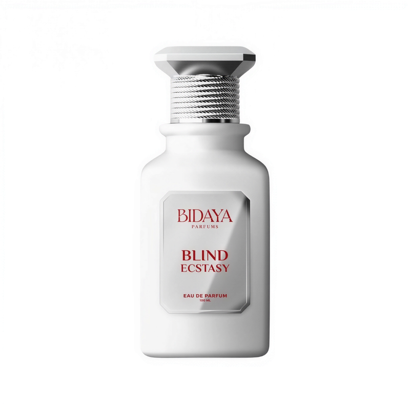 Frasco do perfume Blind Ecstasy Bidaya 100ml EDP Feminino Floral, família doce/gourmand.