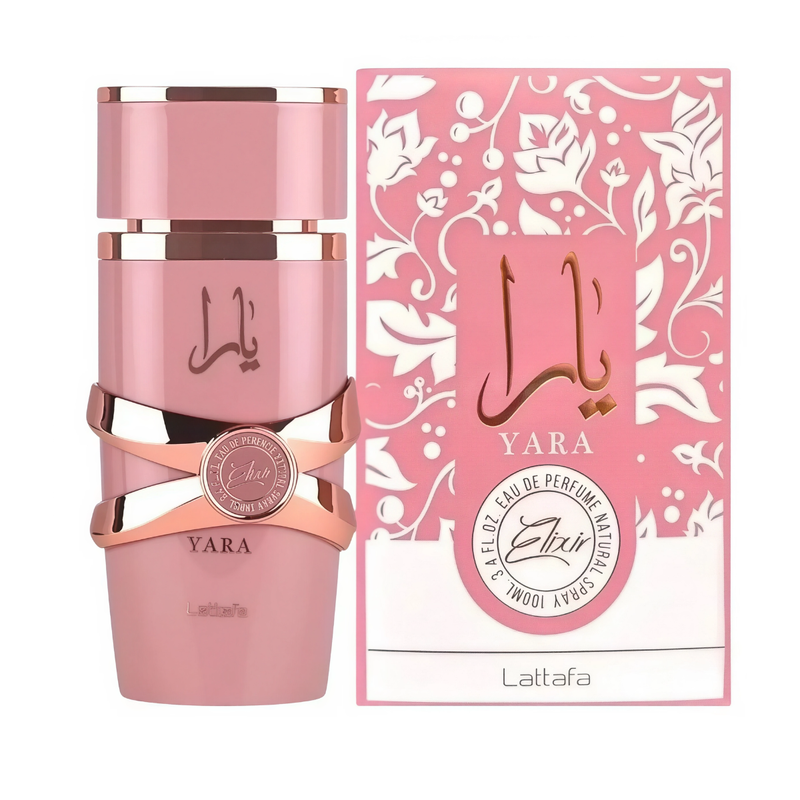 Frasco do perfume Yara Elixir Lattafa 100ml EDP Feminino, família doce/gourmand e floral.