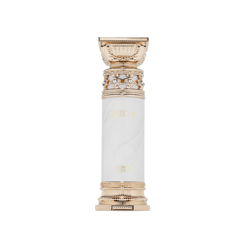 Frasco do perfume Grecia French Avenue Extrait De Parfum 100ml, família amadeirado e âmbar.
