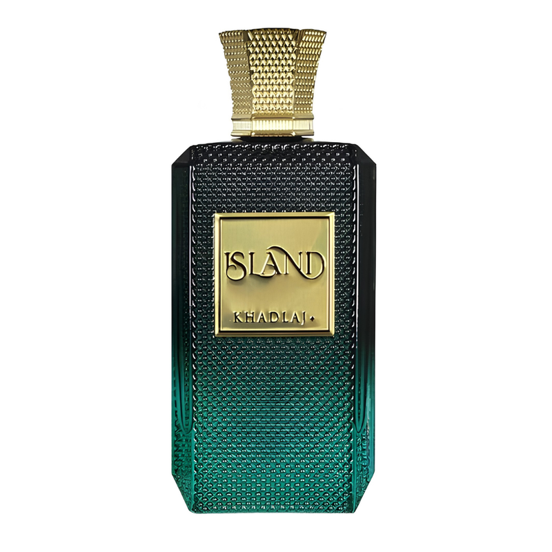 Frasco do perfume Khadlaj Island 100ml EDP, família amadeirado e âmbar.