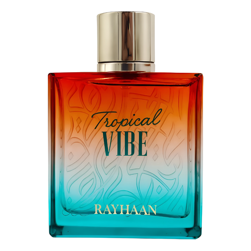Frasco do perfume Tropical Vibe Rayhaan 100ml EDP Unissex Floral, família aquático.