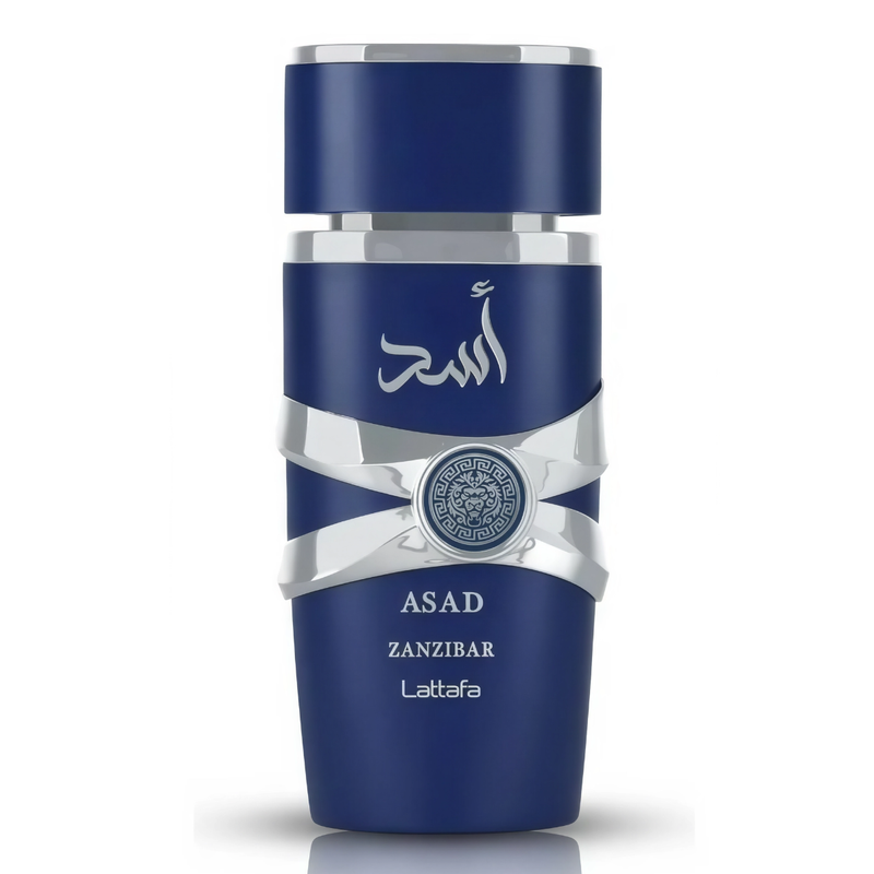 Frasco do perfume Asad Zanzibar Lattafa 100ml EDP Masculino, família amadeirado e âmbar.