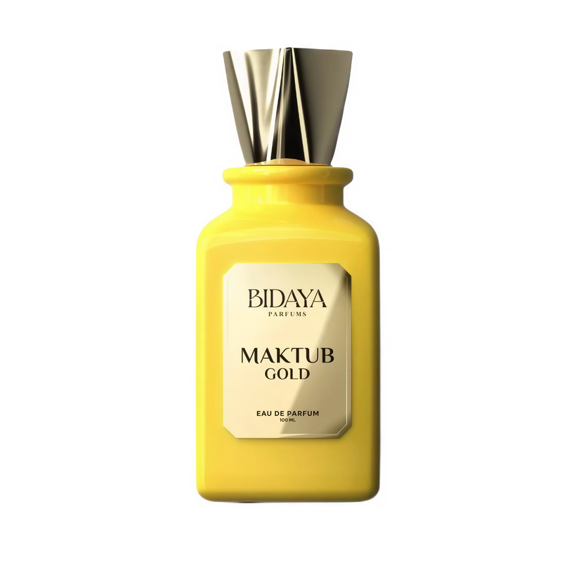 Frasco do perfume Maktub Gold Bidaya 100ml Eau De Parfum Unissex, família doce/gourmand e âmbar.