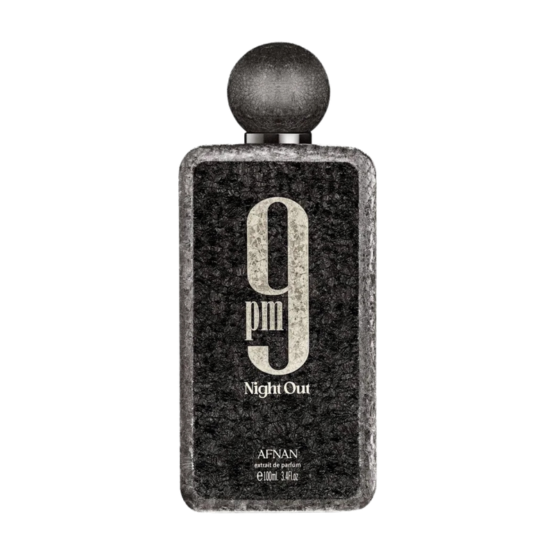 Frasco do perfume 9 Pm Night Out Afnan 100ml EDP Unissex, família amadeirado e âmbar.