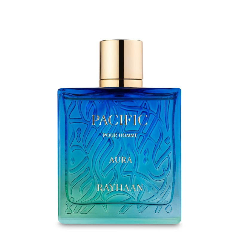 Frasco do perfume Rayhaan Pacific Aura Eau de Parfum 100ml Masculino, família aquático e cítrico.