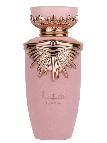 Frasco do perfume Haya Lattafa Eau De Parfum 100ml Feminino, família floral e doce/gourmand.