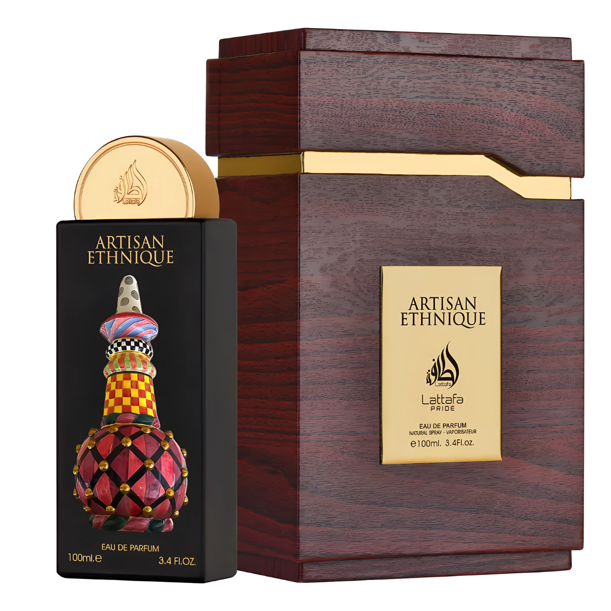 Frasco do perfume Artisan Ethnique Pride Lattafa 100ml EDP Unissex, família amadeirado e âmbar.