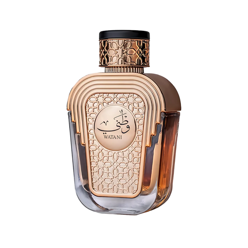 Frasco do perfume Watani Al Wataniah Eau De Parfum 100ml Feminino, família floral e doce/gourmand.