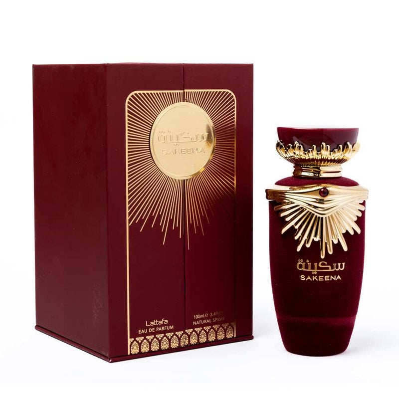 Frasco do perfume Sakeena EDP Lattafa 100ml feminino, família floral e doce/gourmand.