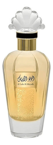 Frasco do perfume Al Lulu Abiyedh Sahari 100ml EDP Unissex, família amadeirado e âmbar.