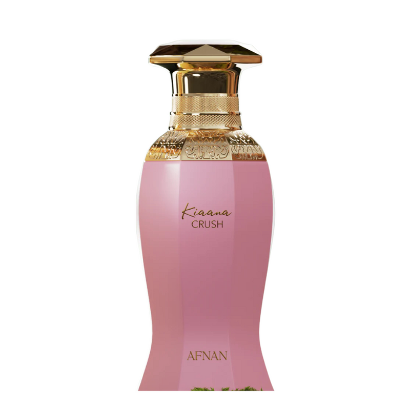 Frasco do perfume Kiaana Crush Afnan Eau De Parfum 100ml Feminino, família floral e doce/gourmand.