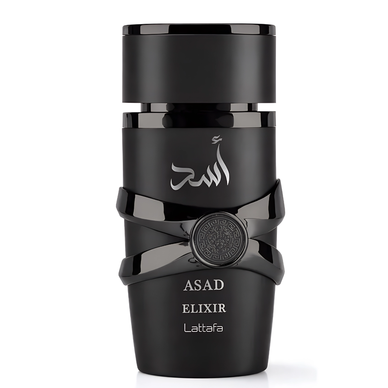Frasco do perfume Asad Elixir Lattafa 100ml EDP Masc., família amadeirado e doce/gourmand.