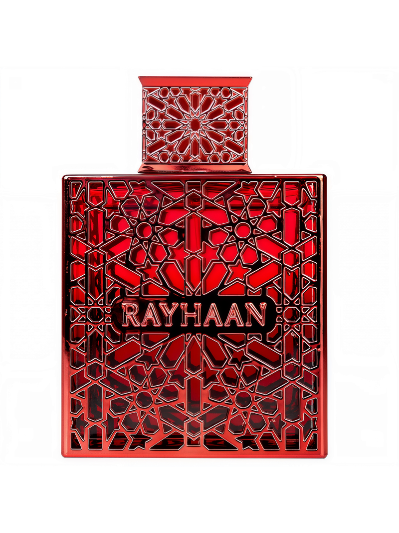 Frasco do perfume Crimson Rayhaan 100ml EDP Masculino, família amadeirado e âmbar.