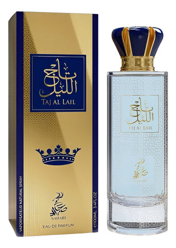 Frasco do perfume Taj Al Lail Sahari 100ml EDP Unissex, família amadeirado e âmbar.