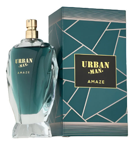 Frasco do perfume Perfume Urban Man Amaze Fragrance World 100ml EDP, família amadeirado e âmbar.