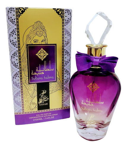 Frasco do perfume Sultana Halima Sahari 100ml EDP Feminino, família floral e doce/gourmand.