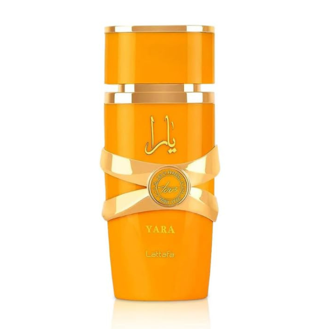 Frasco do perfume Yara Tous Lattafa Eau De Parfum 100ml Feminino, família doce/gourmand e floral.