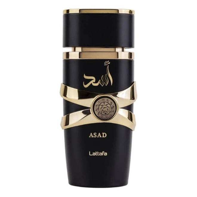 Frasco do perfume Asad Lattafa 100ml EDP Amadeirado Masculino, família âmbar.