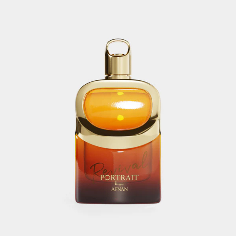 Frasco do perfume Revival Portrait Afnan Eau De Parfum 100ml Unisex, família amadeirado e âmbar.