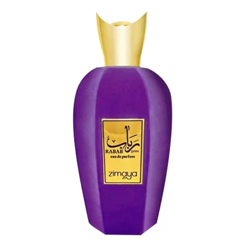 Frasco do perfume Rabab Gems Zimaya Eau De Parfum 100ml Unisex, família âmbar e amadeirado.