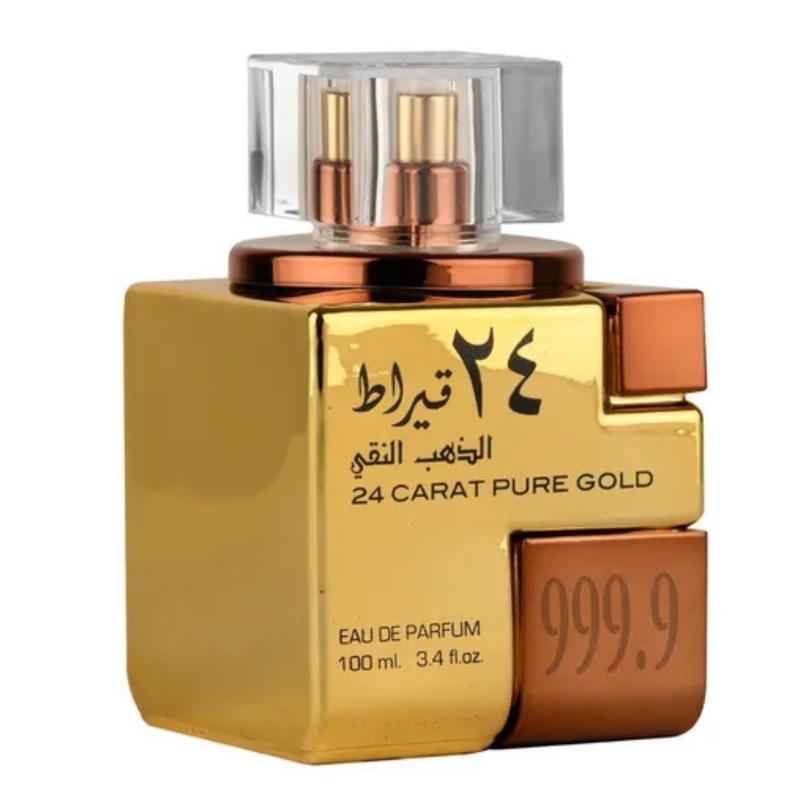 Frasco do perfume 24 Carat Pure Gold Lattafa Eau De Parfum 100ml, família âmbar e amadeirado.