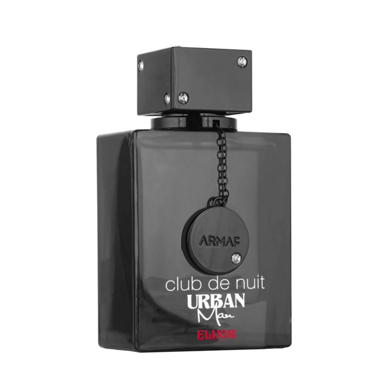 Frasco do perfume Club De Nuit Urban Elixir Armaf 100ml EDP Masculino, família doce/gourmand e âmbar.