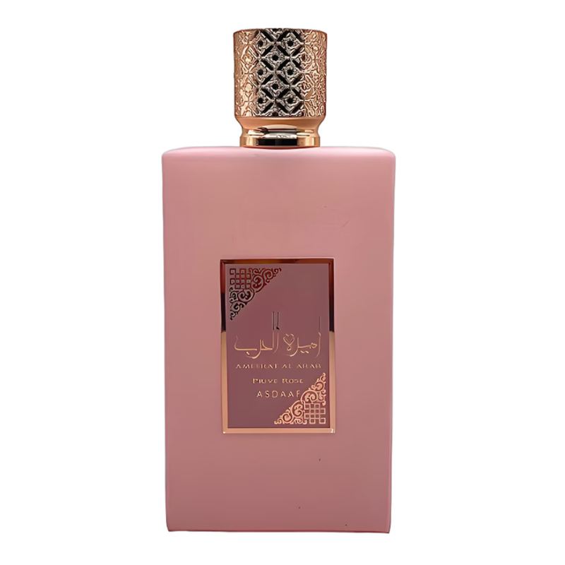 Frasco do perfume Ameerat Al Arab Prive Rose Asdaaf 100ml EDP Feminino, da Lattafa, família floral e doce/g.