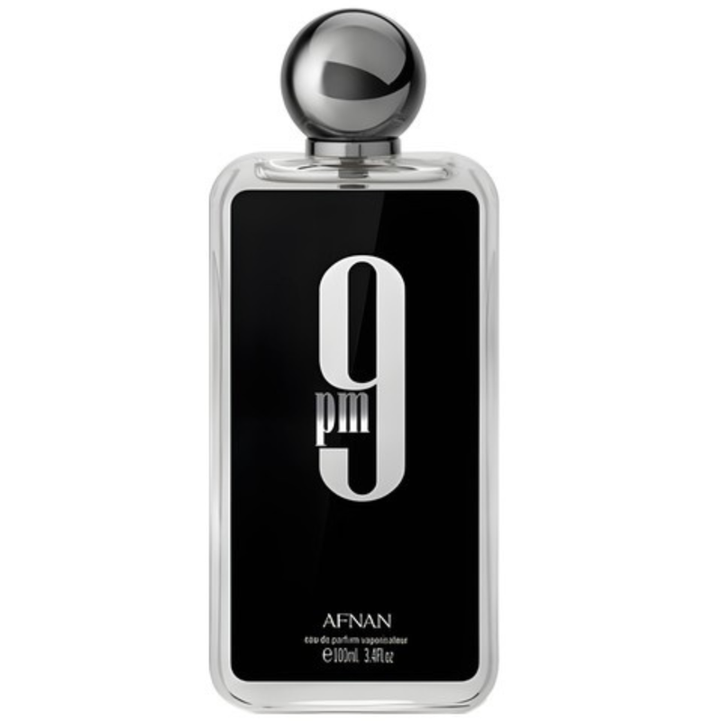 Frasco do perfume 9PM Black Afnan 100ml EDP Masculino, família doce/gourmand e amadeirado.
