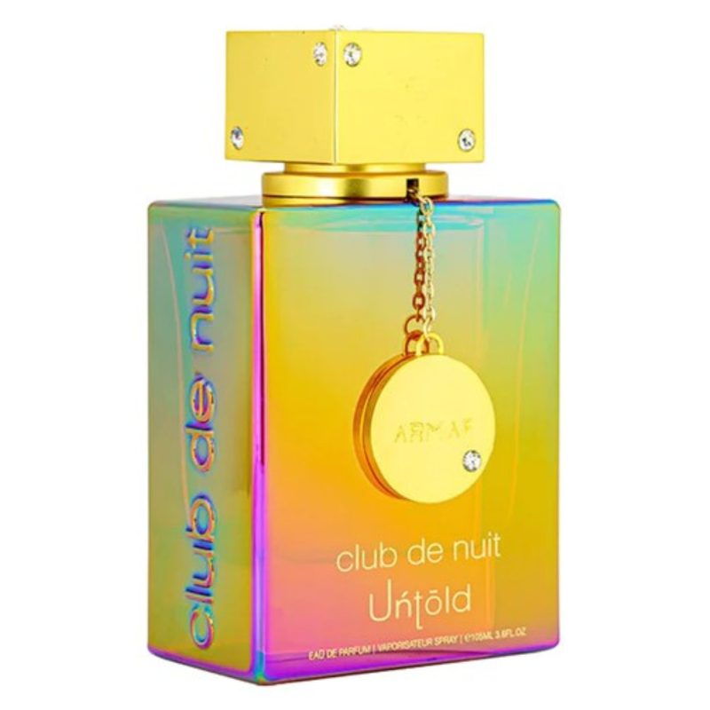 Frasco do perfume Club De Nuit Untold Armaf 100ml EDP Unissex Floral, família doce/gourmand.