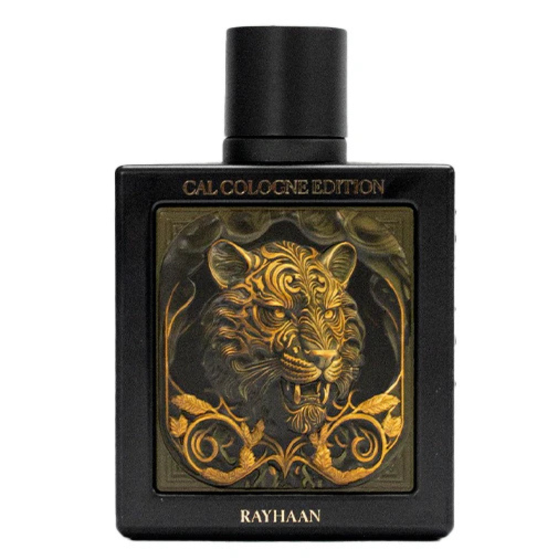 Frasco do perfume Rayhaan Tiger Cologne Edition Extrait De Parfum 100ml Masculino, família couro e especiado.