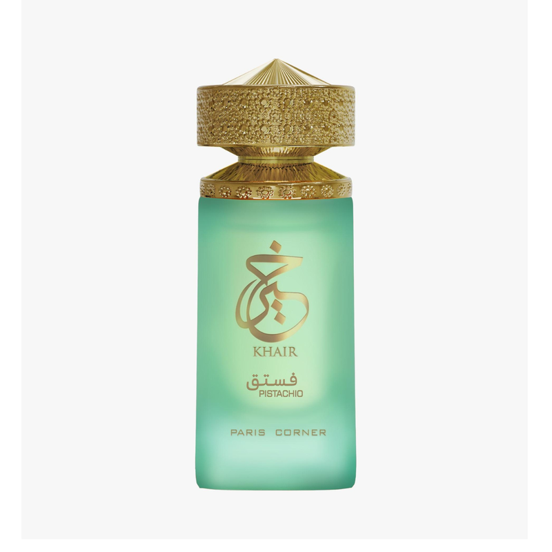 Frasco do perfume Khair Pistachio Paris Corner Eau De Parfum 100ml Unisex, família amadeirado e âmbar.