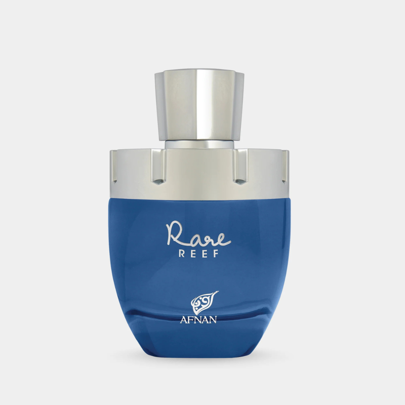 Frasco do perfume Rare Reef Afnan Extrait de Parfum 100ml Unisex, família amadeirado e âmbar.