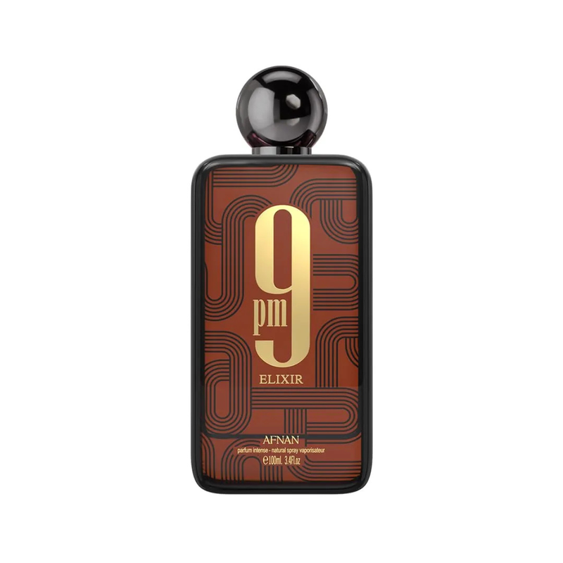 Frasco do perfume 9PM Elixir Afnan 100ml EDP Masculino, família doce/gourmand e âmbar.