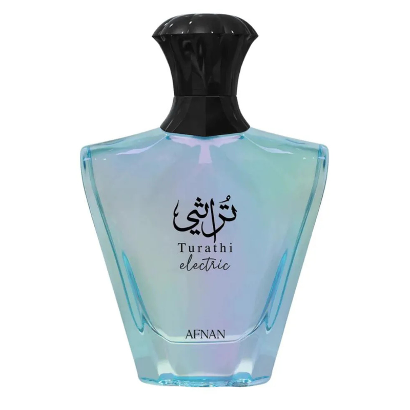 Frasco do perfume Turathi Electric Afnan Eau de Parfum 90ml, família amadeirado e âmbar.