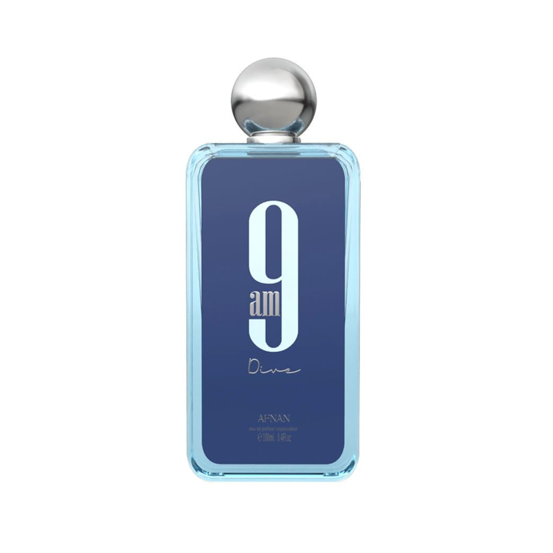 Frasco do perfume 9AM Dive Afnan 100ml EDP Unissex, família floral e doce/gourmand.