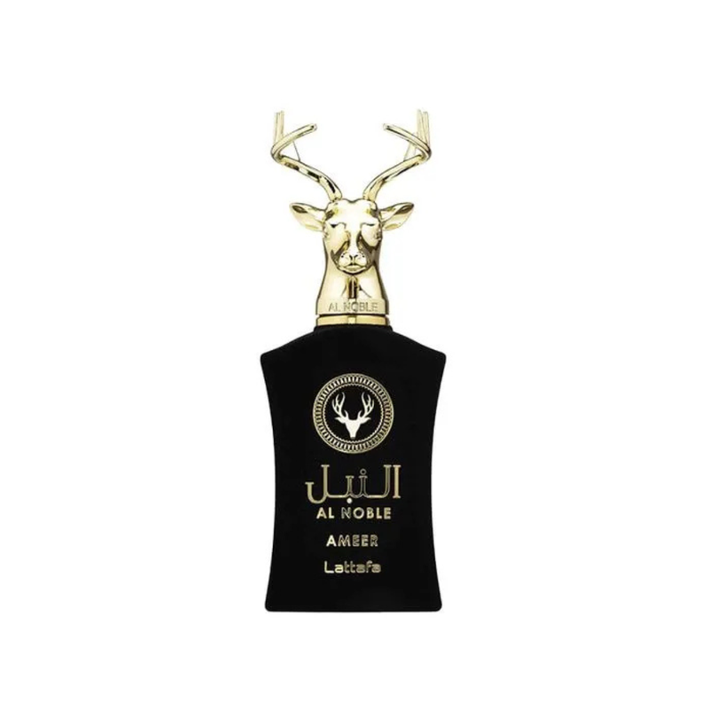 Frasco do perfume Al Noble Ameer Lattafa 100ml EDP Unissex, família amadeirado e âmbar.