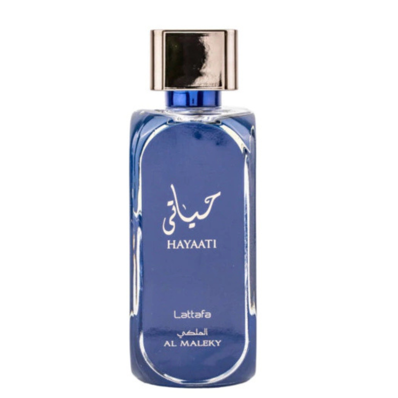 Frasco do perfume Hayaati Al Maleky Lattafa Eau De Parfum 100ml, família amadeirado e especiado.