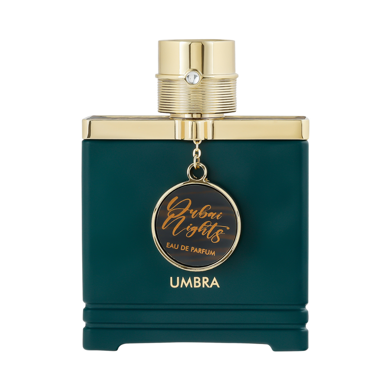Frasco do perfume Dubai Nights Umbra Armaf 100ml EDP Unissex, família amadeirado e âmbar.
