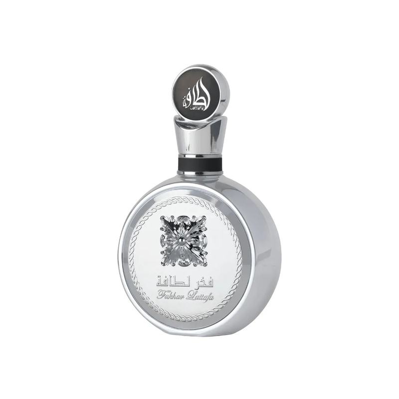 Frasco do perfume Fakhar Lattafa Pride Eau de Parfum 100ml Masculino Platin, família amadeirado e especiado.