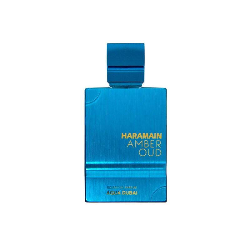 Frasco do perfume Amber Oud Aqua Dubai Al Haramain 100ml EDP, família aquático.