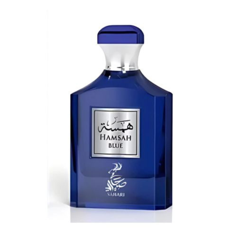 Frasco do perfume Hamsah Blue Sahari 100ml EDP Unissex, família amadeirado e âmbar.
