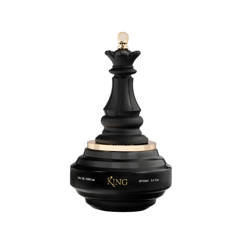 Frasco do perfume King Checkmate Armaf Edp 100ml Masculino, família amadeirado e âmbar.