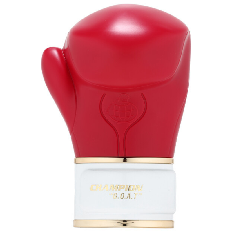 Frasco do perfume Champion G.O.A.T Fragrance World 100ml EDP, família amadeirado e âmbar.