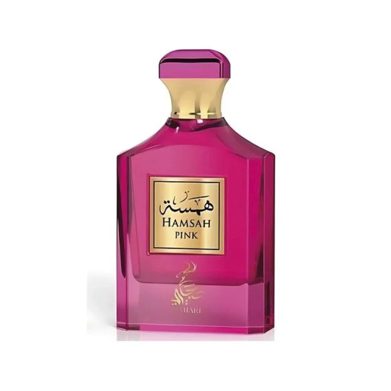 Frasco do perfume Hamsah Pink Sahari 100ml EDP Feminino Floral, família doce/gourmand.