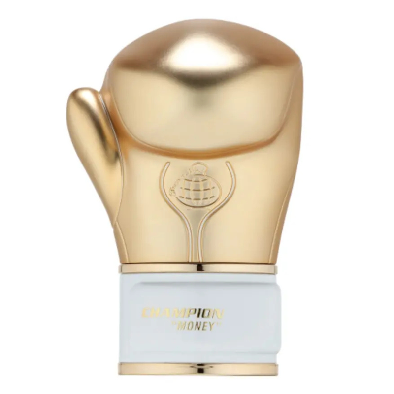 Frasco do perfume Champion Money Fragrance World 100ml EDP, família amadeirado e âmbar.