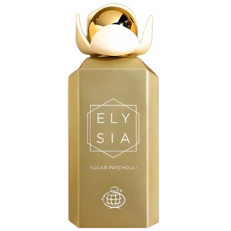 Frasco do perfume Elysia Sugar Patchouli Fragrance World 100ml EDP, família doce/gourmand e amadeirado.