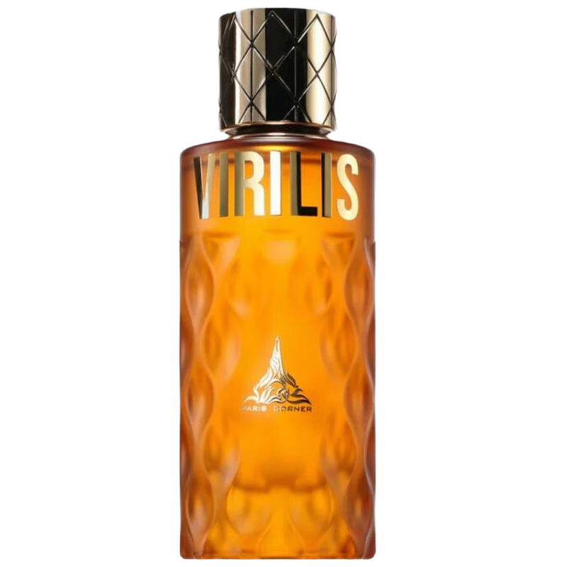 Frasco do perfume Virilis Paris Corner EDP 100ml Unisex, família amadeirado e âmbar.