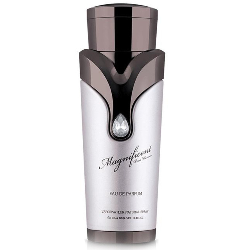 Frasco do perfume Magnificent Pour Homme Armaf Edp 100ml Masculino, família âmbar e amadeirado.